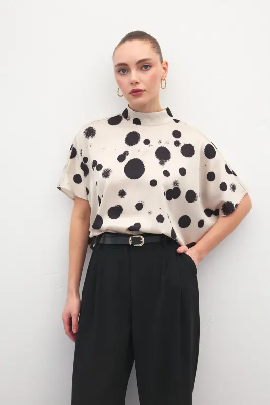 Yarasa Kol Salaş Bluz - Puanlı Bej-Puanlı Bej - 4