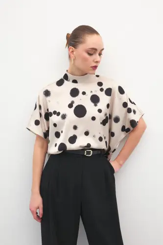Yarasa Kol Salaş Bluz - Puanlı Bej-Puanlı Bej - 5