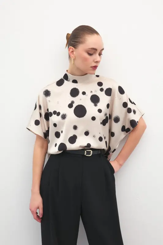 Yarasa Kol Salaş Bluz - Puanlı Bej-Puanlı Bej - 5