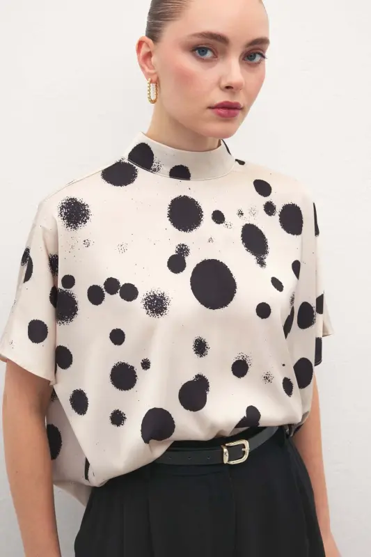 Yarasa Kol Salaş Bluz - Puanlı Bej-Puanlı Bej - 6