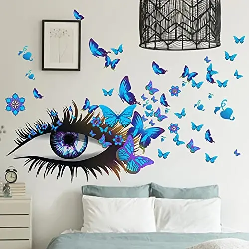Creative Beautiful Girl Eyes Wall Sticker, Flying Butterfly Wall Decals, Girl Long Eyelashes Heart Décor, DIY Art Vinyl Mural for Couple Lovers Girls Bedroom Living Room Decoration(Blue) - 4