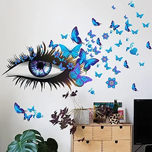 Creative Beautiful Girl Eyes Wall Sticker, Flying Butterfly Wall Decals, Girl Long Eyelashes Heart Décor, DIY Art Vinyl Mural for Couple Lovers Girls Bedroom Living Room Decoration(Blue) - 6