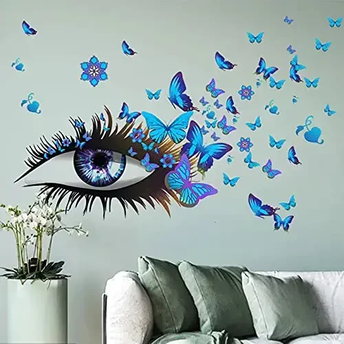 Creative Beautiful Girl Eyes Wall Sticker, Flying Butterfly Wall Decals, Girl Long Eyelashes Heart Décor, DIY Art Vinyl Mural for Couple Lovers Girls Bedroom Living Room Decoration(Blue) 