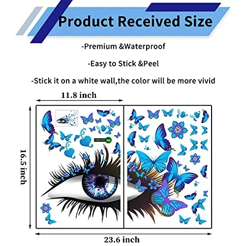 Creative Beautiful Girl Eyes Wall Sticker, Flying Butterfly Wall Decals, Girl Long Eyelashes Heart Décor, DIY Art Vinyl Mural for Couple Lovers Girls Bedroom Living Room Decoration(Blue) - 3