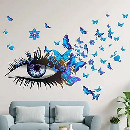 Creative Beautiful Girl Eyes Wall Sticker, Flying Butterfly Wall Decals, Girl Long Eyelashes Heart Décor, DIY Art Vinyl Mural for Couple Lovers Girls Bedroom Living Room Decoration(Blue) - 5