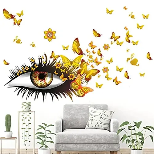 Creative Beautiful Girl Eyes Wall Sticker, Flying Butterfly Wall Decals, Girl Long Eyelashes Heart Décor, DIY Art Vinyl Mural for Couple Lovers Girls Bedroom Living Room Decoration(Yellow) - 1