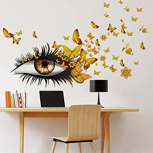 Creative Beautiful Girl Eyes Wall Sticker, Flying Butterfly Wall Decals, Girl Long Eyelashes Heart Décor, DIY Art Vinyl Mural for Couple Lovers Girls Bedroom Living Room Decoration(Yellow) - 6