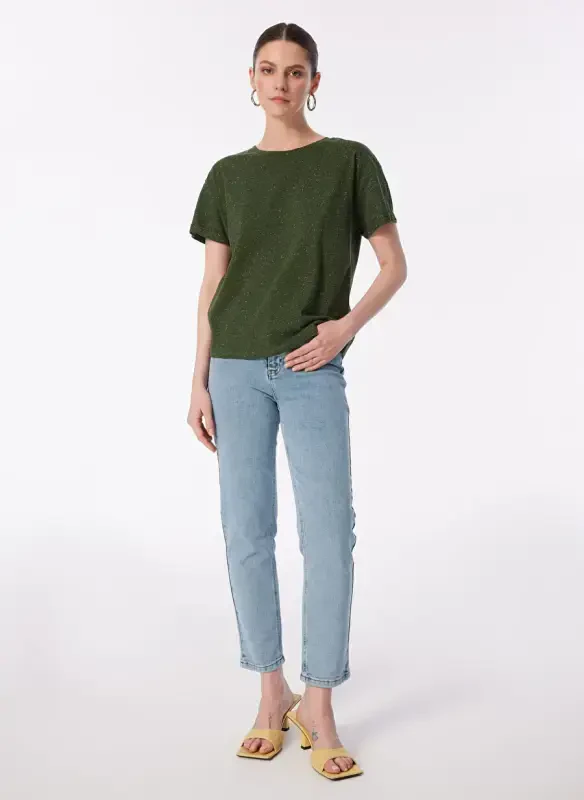 Yargıcı Bisiklet Yaka Düz Haki Kadın T-Shirt 24YKTS9025X - 2