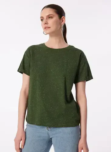 Yargıcı Bisiklet Yaka Düz Haki Kadın T-Shirt 24YKTS9025X - 3