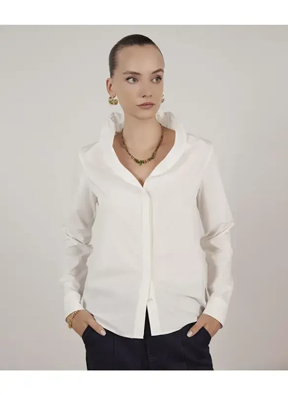 Yargıcı Normal Classic Collar Off White Women's Shirt 23KKGM6009X - 1