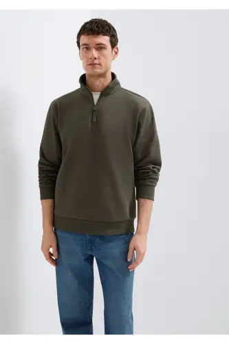 Yarı Fermuarlı Haki Basic Sweatshirt 0S10278-71553-Yeşil - MAVI (1)
