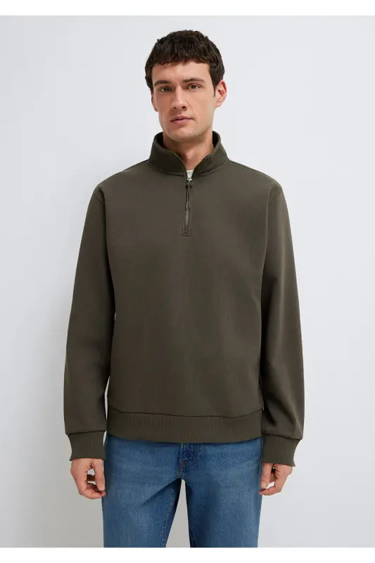 Yarı Fermuarlı Haki Basic Sweatshirt 0S10278-71553-Yeşil - 3