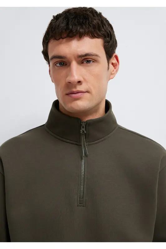 Yarı Fermuarlı Haki Basic Sweatshirt 0S10278-71553-Yeşil - 6