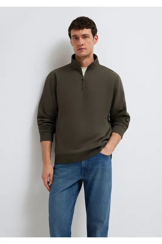 Yarı Fermuarlı Haki Basic Sweatshirt 0S10278-71553 - Yeşil - 1