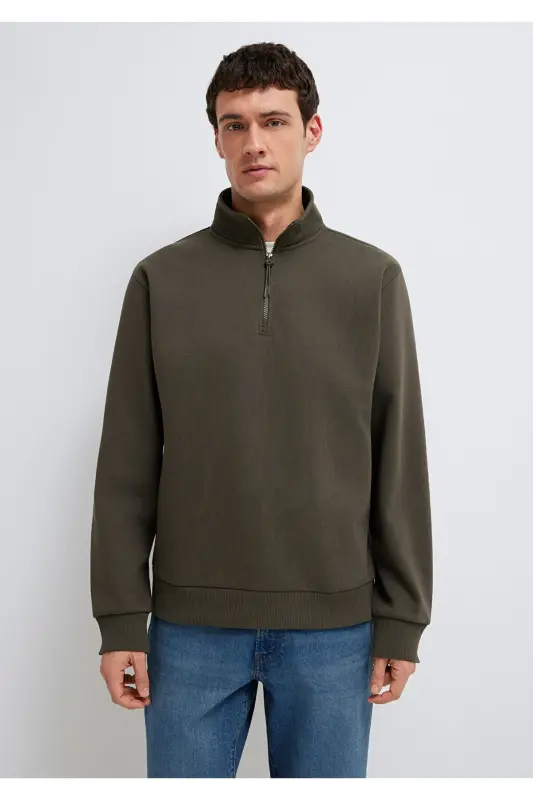 Yarı Fermuarlı Haki Basic Sweatshirt 0S10278-71553 - Yeşil - 3