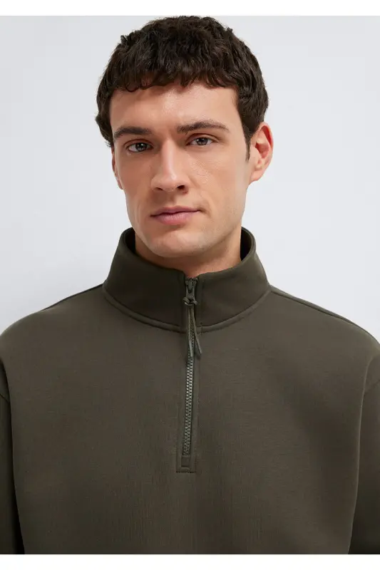 Yarı Fermuarlı Haki Basic Sweatshirt 0S10278-71553 - Yeşil - 6