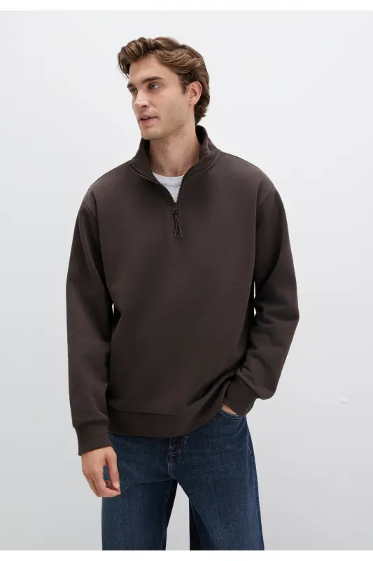 Yarı Fermuarlı Kahverengi Basic Sweatshirt 0S10278-70251-Kahverengi - MAVI