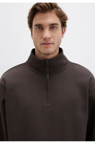 Yarı Fermuarlı Kahverengi Basic Sweatshirt 0S10278-70251-Kahverengi - 3