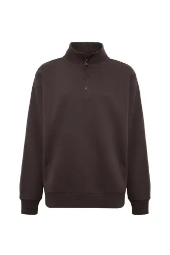 Yarı Fermuarlı Kahverengi Basic Sweatshirt 0S10278-70251-Kahverengi - 4