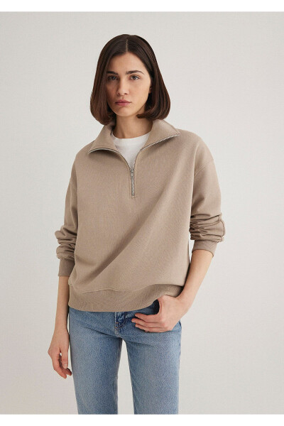Yarı Fermuarlı Kahverengi Basic Sweatshirt 1S10143-80656-Kahverengi - MAVI (1)