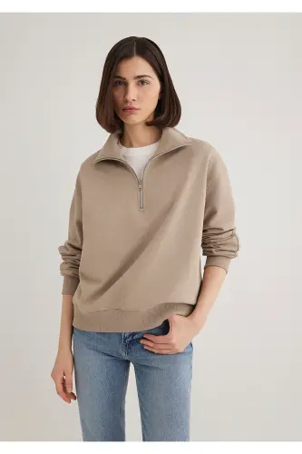 Yarı Fermuarlı Kahverengi Basic Sweatshirt 1S10143-80656 - Kahverengi-80656 - MAVI (1)