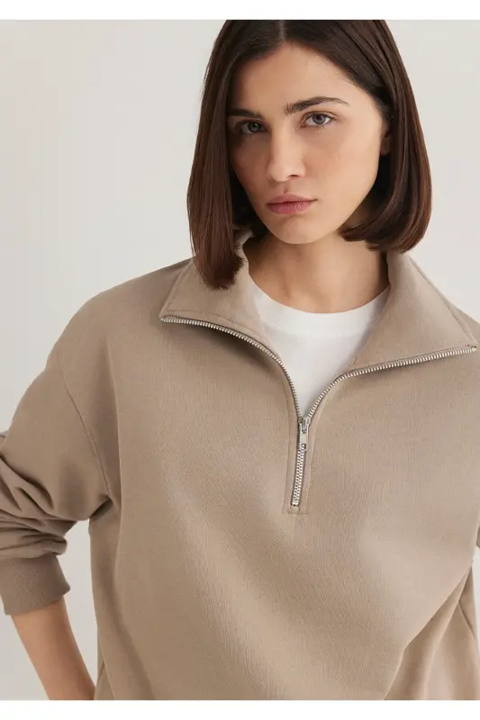 Yarı Fermuarlı Kahverengi Basic Sweatshirt 1S10143-80656 - Kahverengi-80656 - 1