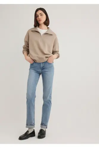Yarı Fermuarlı Kahverengi Basic Sweatshirt 1S10143-80656 - Kahverengi-80656 - 3