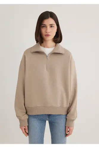 Yarı Fermuarlı Kahverengi Basic Sweatshirt 1S10143-80656 - Kahverengi-80656 - 4