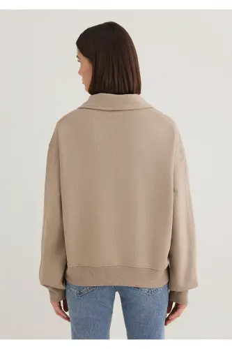Yarı Fermuarlı Kahverengi Basic Sweatshirt 1S10143-80656 - Kahverengi-80656 - 5