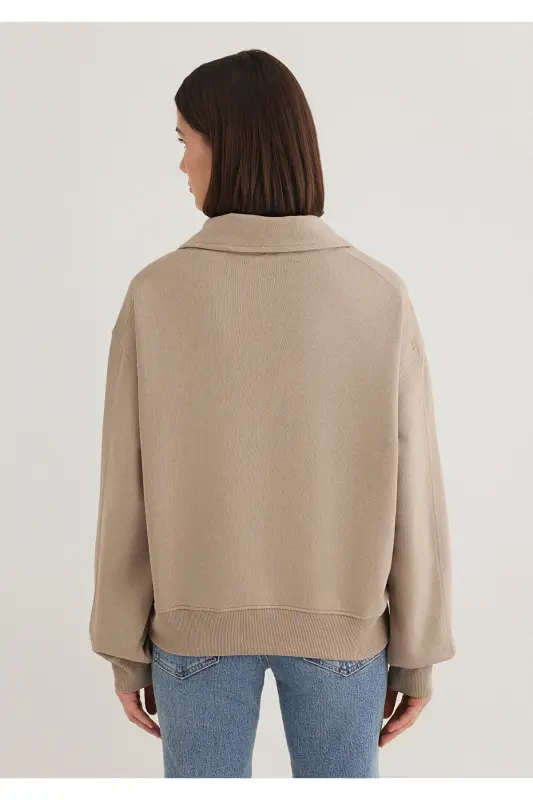 Yarı Fermuarlı Kahverengi Basic Sweatshirt 1S10143-80656 - Kahverengi-80656 - 5