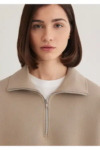 Yarı Fermuarlı Kahverengi Basic Sweatshirt 1S10143-80656 - Kahverengi-80656 - 6