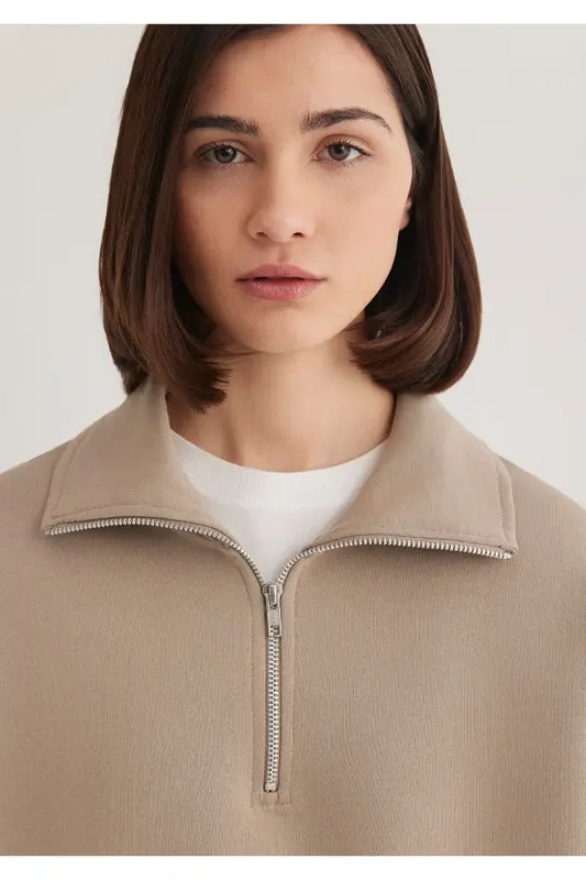 Yarı Fermuarlı Kahverengi Basic Sweatshirt 1S10143-80656 - Kahverengi-80656 - 6
