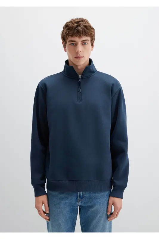 Yarı Fermuarlı Lacivert Basic Sweatshirt 0S10278-70490 - Lacivert-70490 - 4