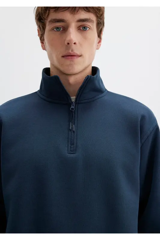 Yarı Fermuarlı Lacivert Basic Sweatshirt 0S10278-70490 - Lacivert-70490 - 6