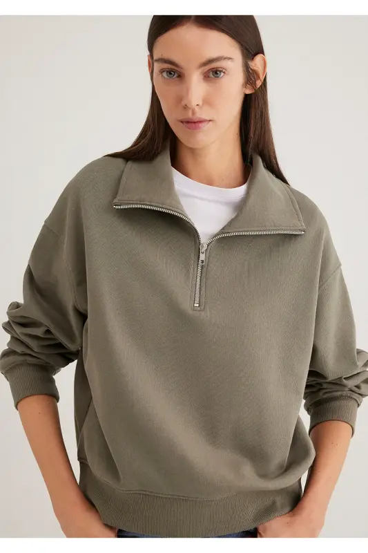 Yarı Fermuarlı Yeşil Basic Sweatshirt 1S10143-86961 - Yeşil-86961 - MAVI