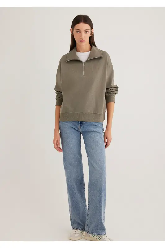Yarı Fermuarlı Yeşil Basic Sweatshirt 1S10143-86961 - Yeşil-86961 - 2