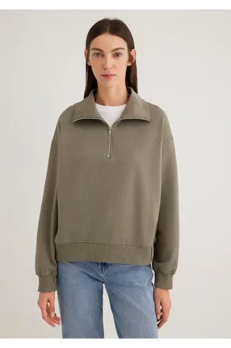 Yarı Fermuarlı Yeşil Basic Sweatshirt 1S10143-86961 - Yeşil-86961 - 3