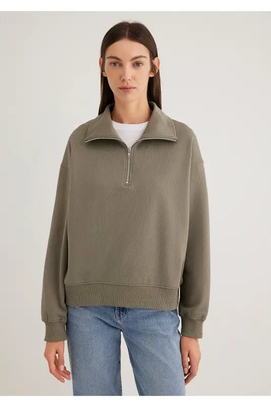Yarı Fermuarlı Yeşil Basic Sweatshirt 1S10143-86961 - Yeşil-86961 - 3