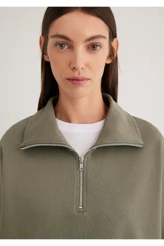 Yarı Fermuarlı Yeşil Basic Sweatshirt 1S10143-86961 - Yeşil-86961 - 5