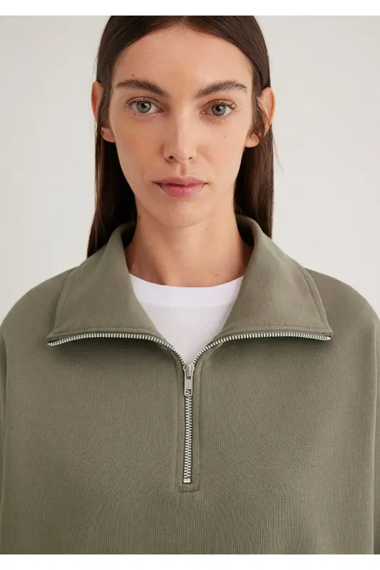 Yarı Fermuarlı Yeşil Basic Sweatshirt 1S10143-86961 - Yeşil-86961 - 5