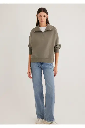 Yarı Fermuarlı Yeşil Basic Sweatshirt 1S10143-86961 - Yeşil-86961 - MAVI (1)