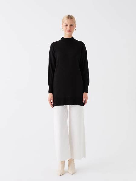 Yarim Baliqchi Yoqa Tekis Uzun Yengli Ayollar Triko Tunikasi - Qora - 6