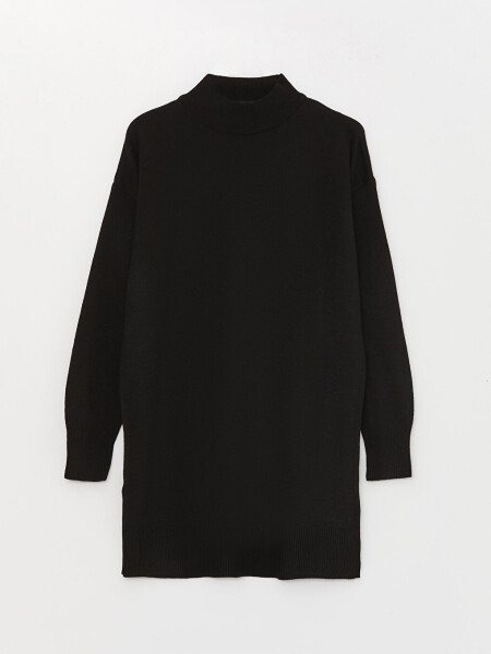 Yarim Baliqchi Yoqa Tekis Uzun Yengli Ayollar Triko Tunikasi - Qora - 11