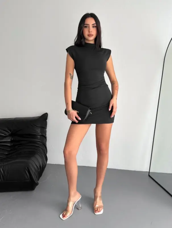 Yarım Bogazlı Kolsuz Mini Boy Elbise - Siyah - 4