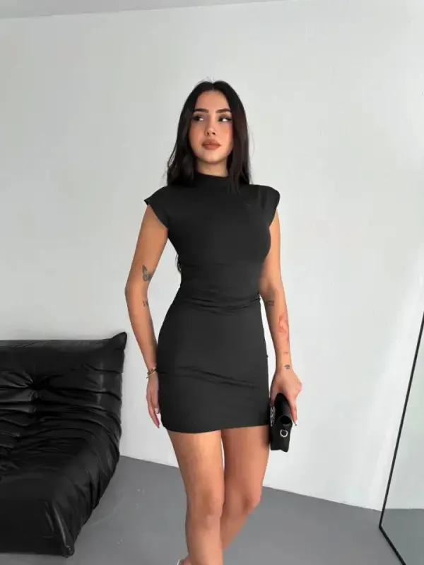 Yarım Bogazlı Kolsuz Mini Boy Elbise - Siyah - 3