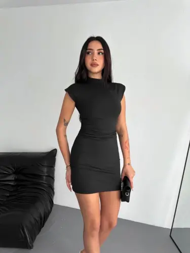 Yarim Boğazli Yengsiz Mini Bo'yli Ko'ylak - Qora - 3