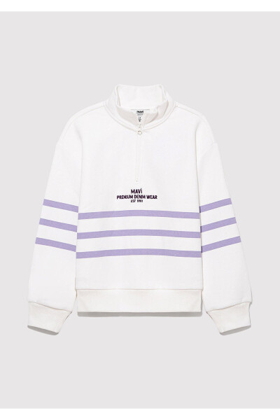 Yarim fermuarlı chiziqli oq sweatshirt - 4