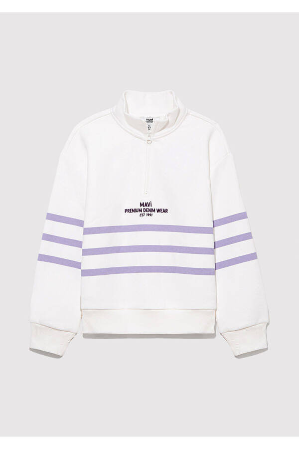 Yarim fermuarlı chiziqli oq sweatshirt - 4
