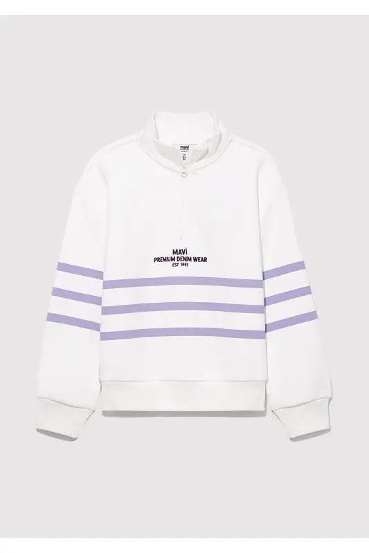 Yarim fermuarlı chiziqli oq sweatshirt - 1