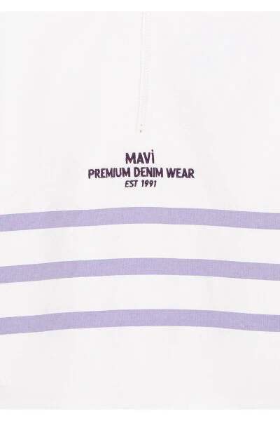 Yarim fermuarlı chiziqli oq sweatshirt - 3